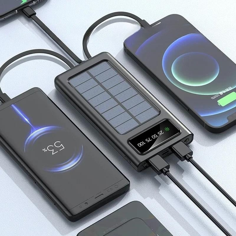 Banco de Energia (Power Bank) Solar com diversos tipos de cabos, Solar, 200000mAh, 2 Portas USB, Carregamento Rápido, Externo, Luz de Led, Carrega XIAOMI, IPHONE e demais