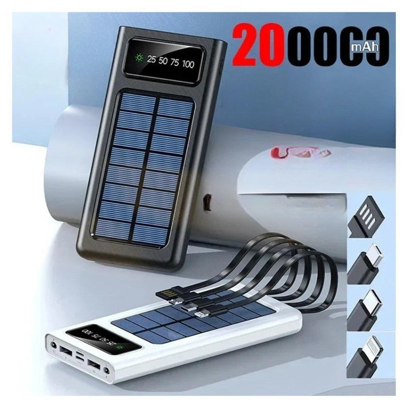 Banco de Energia (Power Bank) Solar com diversos tipos de cabos, Solar, 200000mAh, 2 Portas USB, Carregamento Rápido, Externo, Luz de Led, Carrega XIAOMI, IPHONE e demais